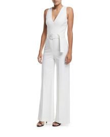 Theory Belted V-Neck Wide-Leg Wool-Blend Jumpsuit   White at Neiman Marcus